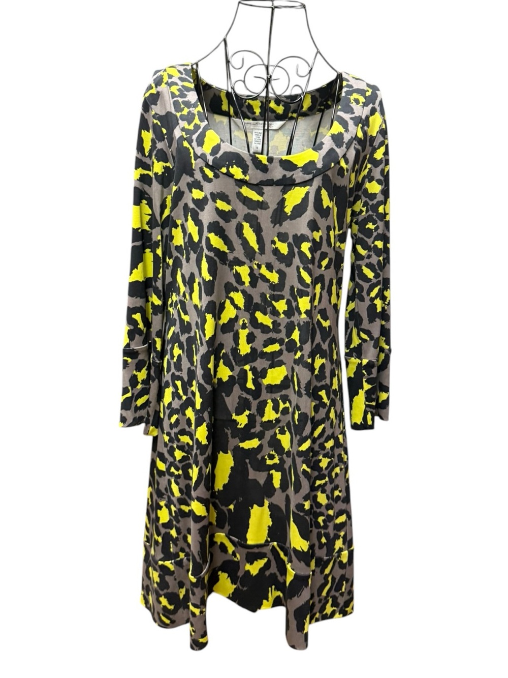Diane Von Furstenberg SILK Neon Yellow and Black Leopard-Print Long Sleeve Dress